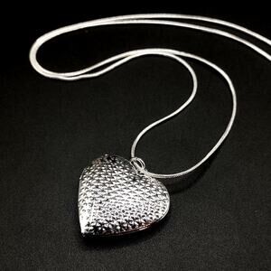 925 Silver Necklace W/ Diamond Pattern Heart Locket Valentine Birthday Gift NEW